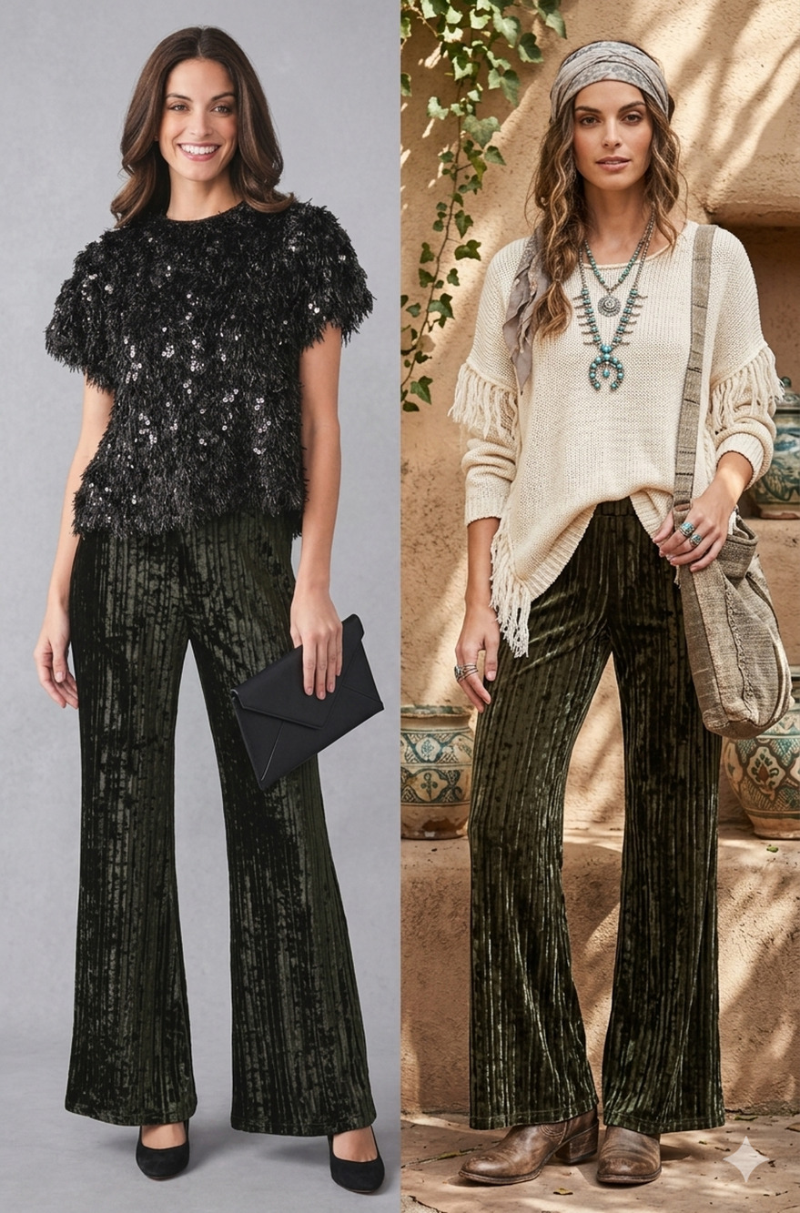 NWT Umgee Olive Green Pleated Crushed Velvet Wide Leg Pants Flare High Waist S - Picture 1 of 13